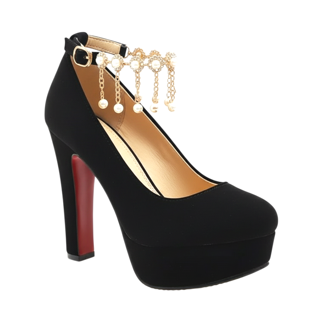 JASE Heart black suede platform high heels with a gold chain and pearl ankle strap detail
