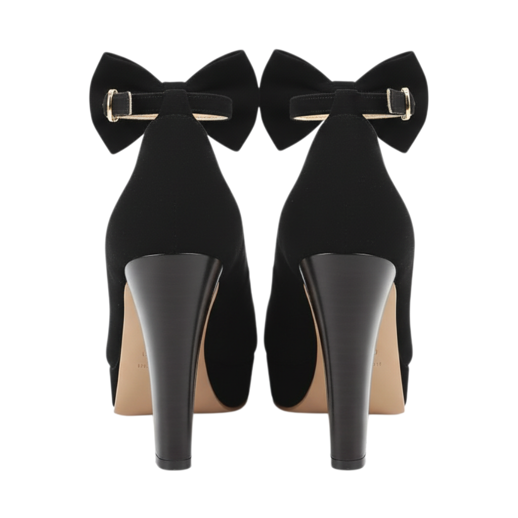 JASE Heart black suede high heel pumps featuring a decorative bow detail on the ankle strap, back view.