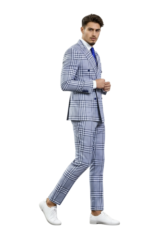 JASE Heart men's blue and white plaid double-breasted suit worn with a white shirt, blue tie, and white sneakers.