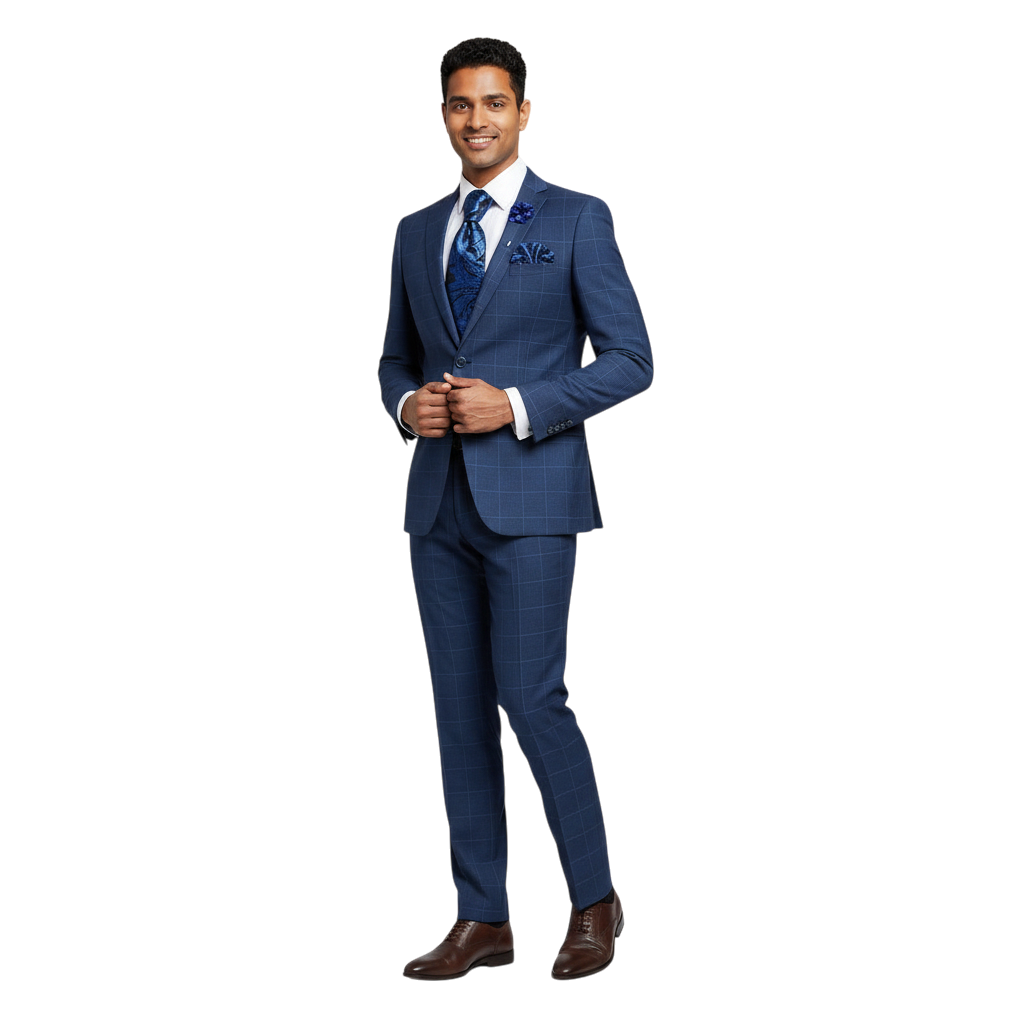 JASE HEART GLOBAL man wearing a blue windowpane check suit with a matching paisley tie and pocket square