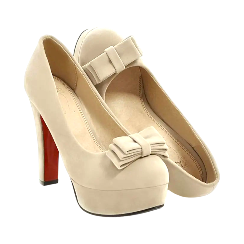 JASE Heart beige platform pumps with a decorative bow and a striking red heel detail