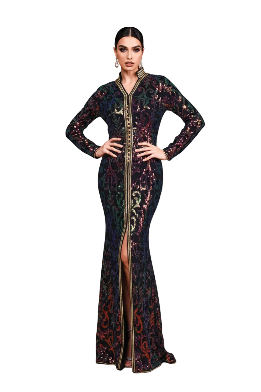 Woman in a patterned dress standing in a desert landscape with 'Missord' branding.
