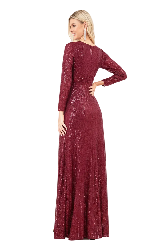 A woman modeling a floor-length burgundy sequined gown from the back, featuring long sleeves and a boat neckline, set against a plain white background.