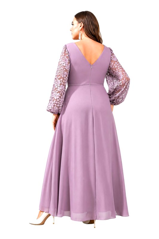 JASE Heart Radiant Symphony plus size mauve evening gown with long lace sleeves and a V-neck back