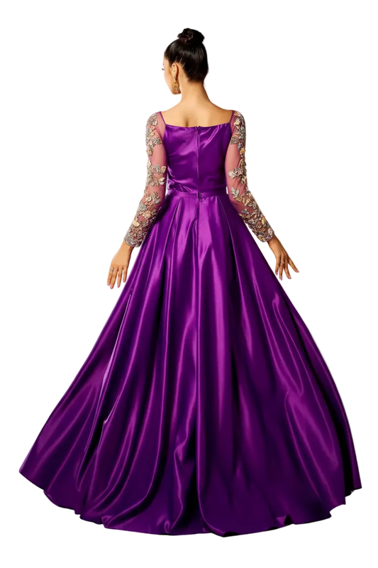 Purple evening gown with lace sleeves on a white background