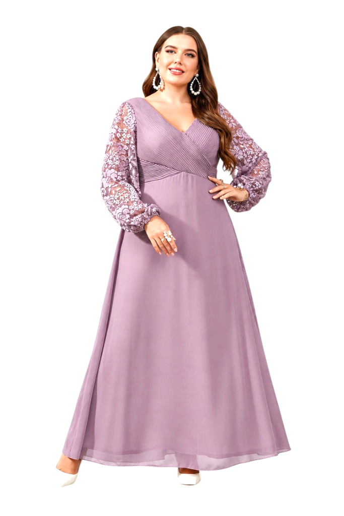 A woman models a floor-length lavender formal gown with long sheer lace sleeves, a V-neckline, and a fitted waist, standing in a bright classical-style room with columns and a statue.