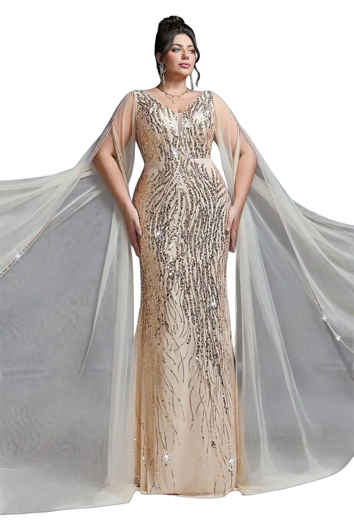 JASE Heart Liquid Cloak evening gown in champagne with gold sequins, V-neckline, and flowing sheer cape sleeves.