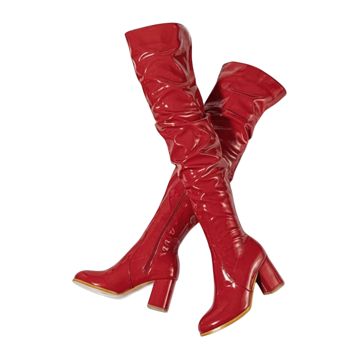 JASE Heart red patent leather over-the-knee boots with a block heel and slouchy shaft design.