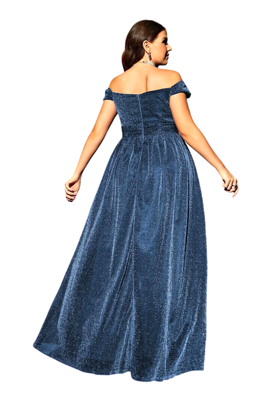JASE Heart navy blue off-shoulder evening gown with a shimmering fabric finish, worn by a woman at night.