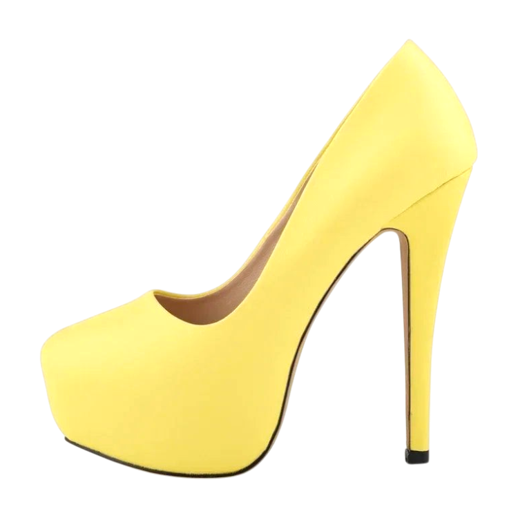 JASE Heart Radiant Stiletto in bright yellow with a high platform and slim heel, side view