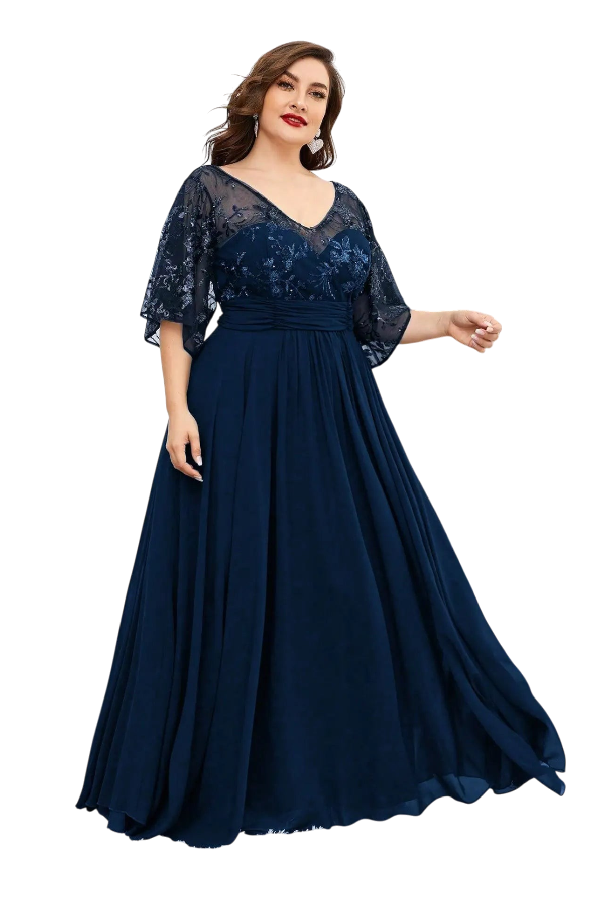 JASE Heart navy blue plus size evening gown with lace flutter sleeves and a flowing chiffon skirt for festive events.