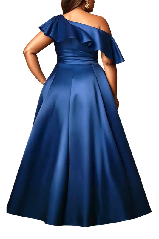JASE Heart Radiant Cascade navy blue satin evening gown with one-shoulder ruffled sleeve and full flared skirt