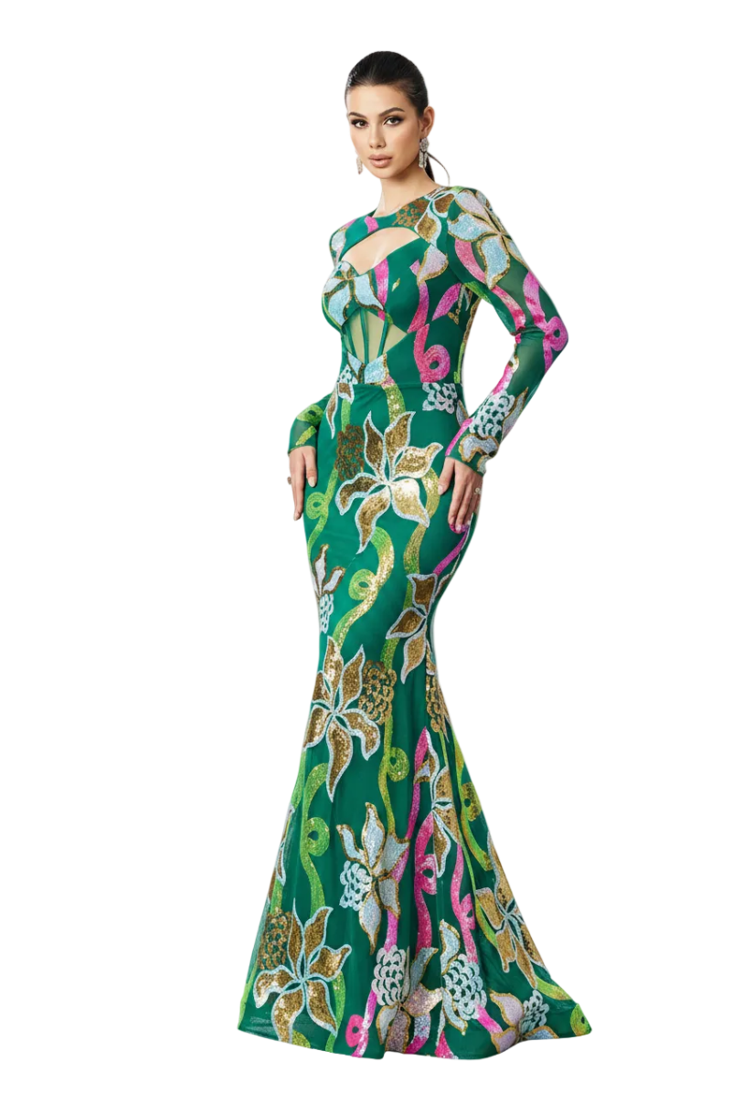 Woman wearing a colorful patterned dress against a blue background
