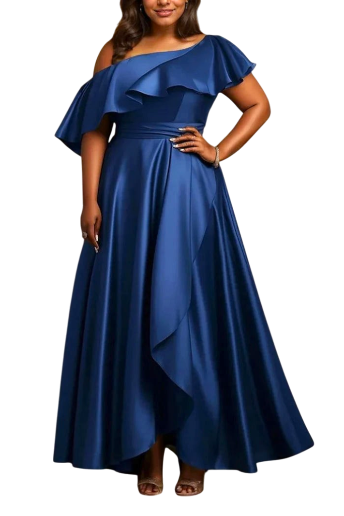 JASE Heart Radiant Cascade navy blue satin evening gown with one-shoulder ruffled neckline and high-low skirt