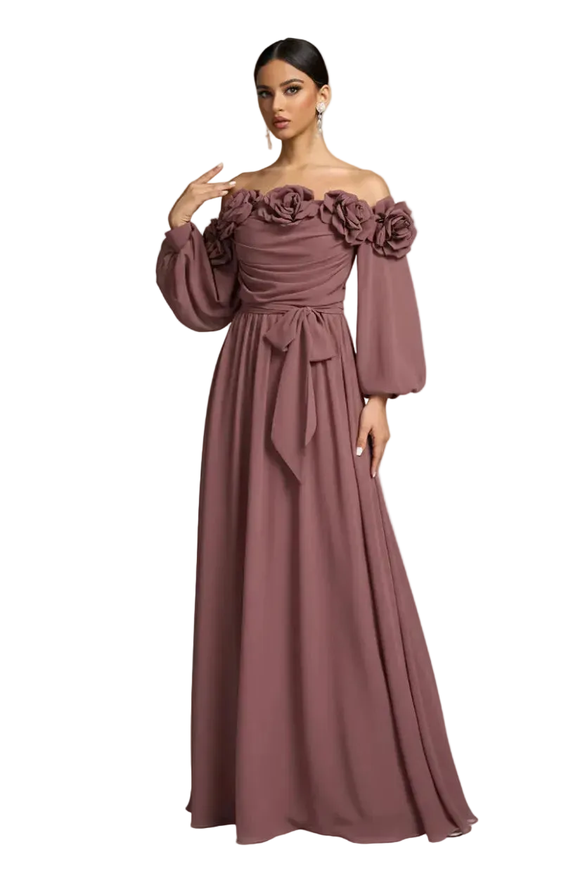 Mauve off-shoulder gown with floral details on a white background