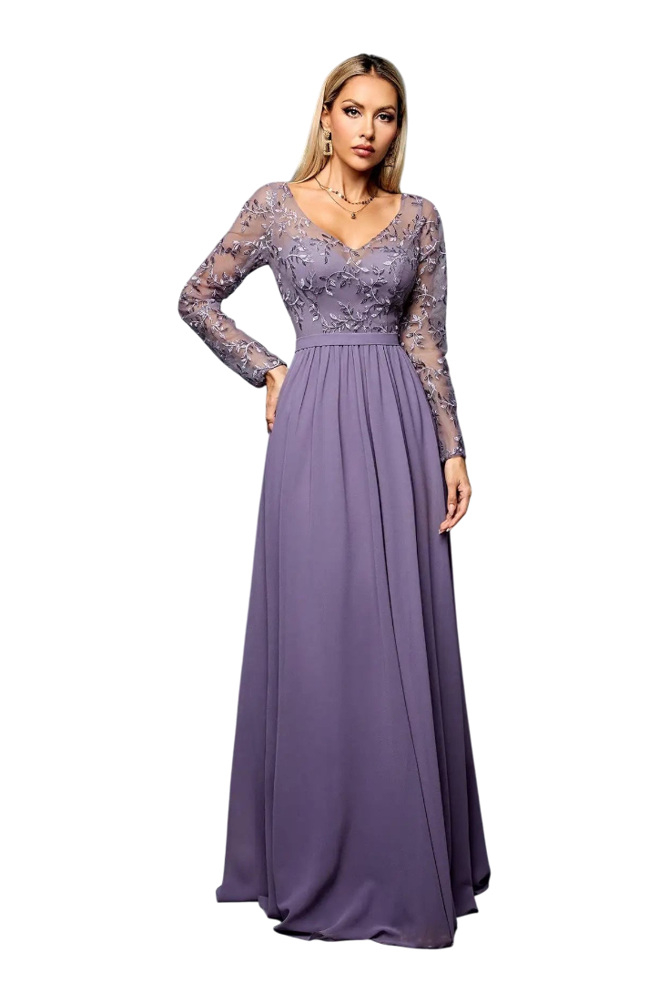 JASE Heart Captivating Symphony floor-length mauve evening gown with long sheer embroidered lace sleeves and V-neck