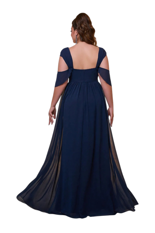 JASE Heart Velvet Cascade navy blue plus size evening gown with cold shoulder sleeves and flowing chiffon skirt