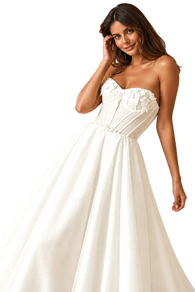 JASE Heart Ethereal Corset wedding dress featuring a strapless sweetheart bodice with delicate floral embroidery
