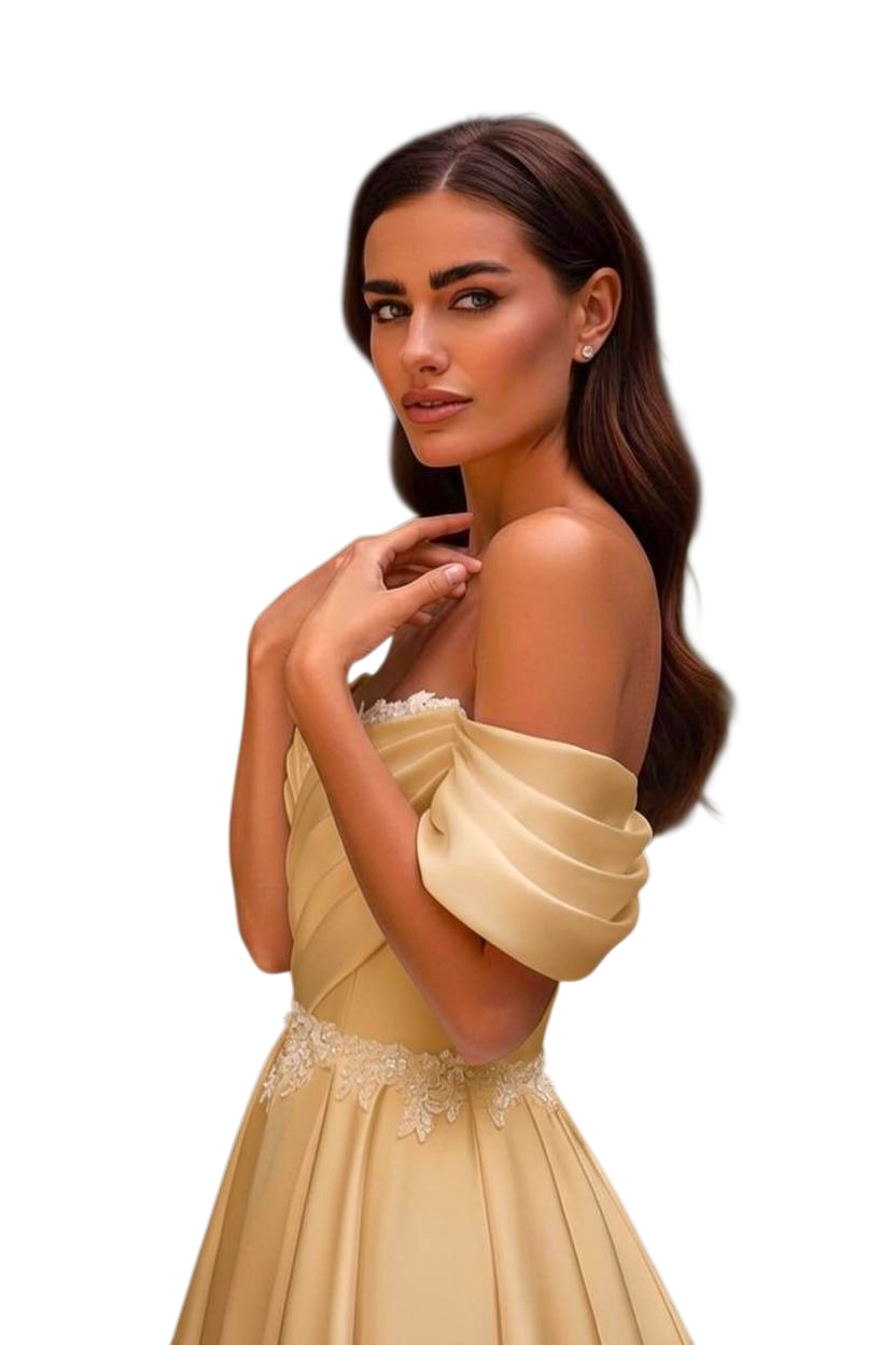 JASE Heart Silk Whispers off-the-shoulder champagne evening gown with delicate lace waist detailing