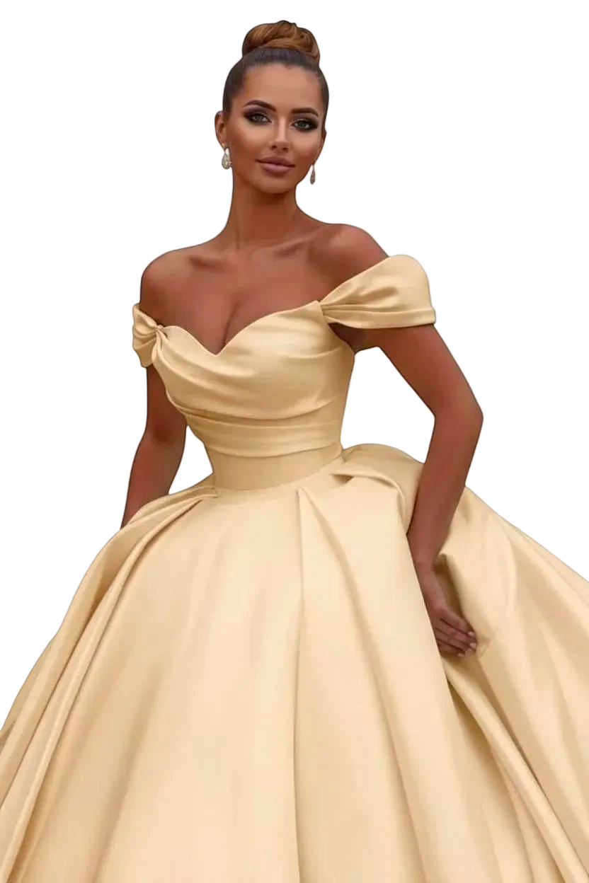 JASE Heart Dynasty Monarch off-the-shoulder champagne satin ball gown wedding dress with a draped bodice