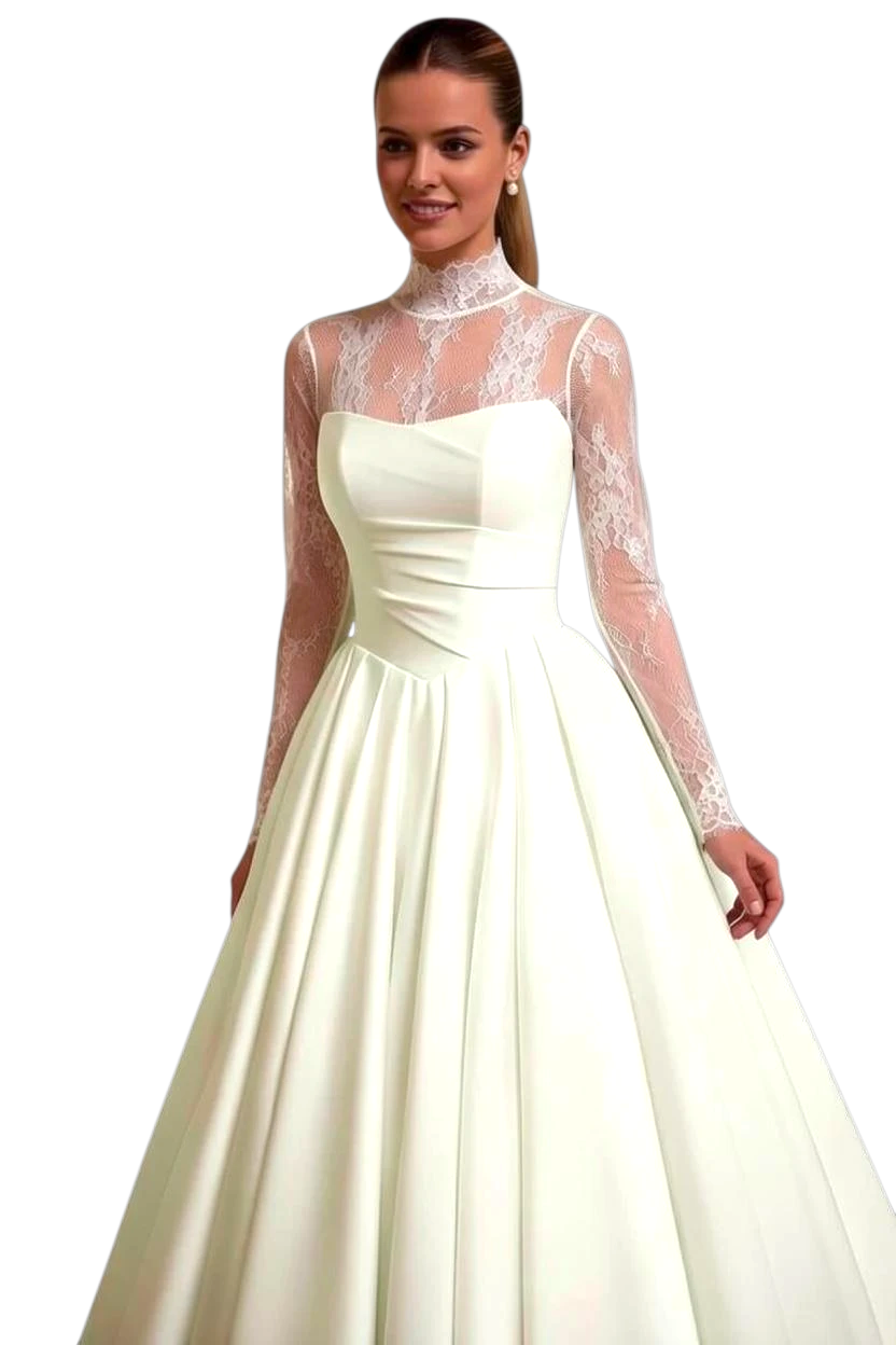 JASE Heart Dynasty Lace wedding dress with a high-neck sheer lace bodice, long sleeves, and a full satin skirt.