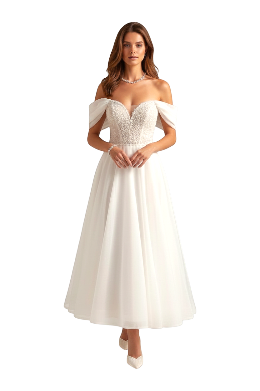 JASE Heart Dynasty Pearl off-the-shoulder tea-length wedding dress with beaded bodice and tulle skirt