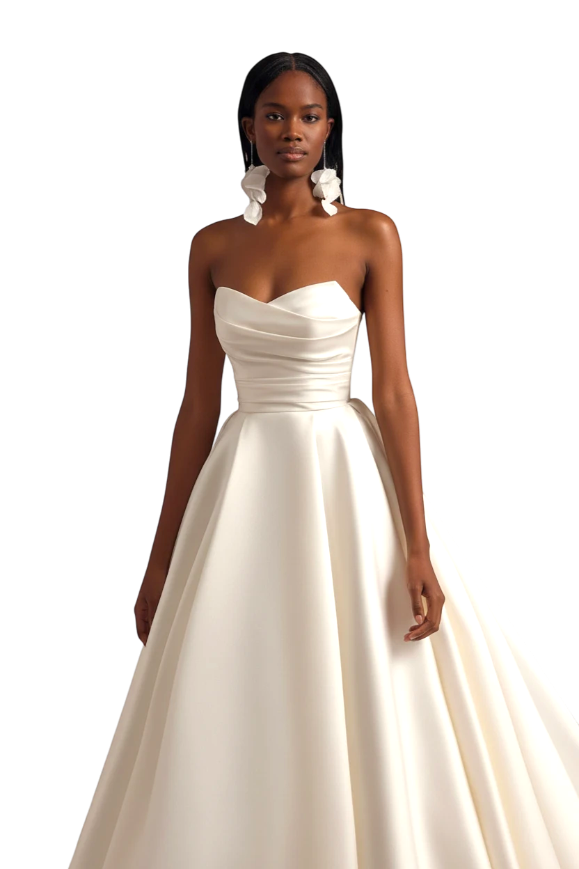 JASE Heart Dynasty Radiant ivory satin strapless wedding dress with a sweetheart neckline and full A-line skirt