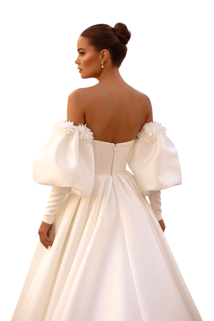 JASE Heart Dynasty Volumetric white off-the-shoulder wedding dress with voluminous puff sleeves and floral details