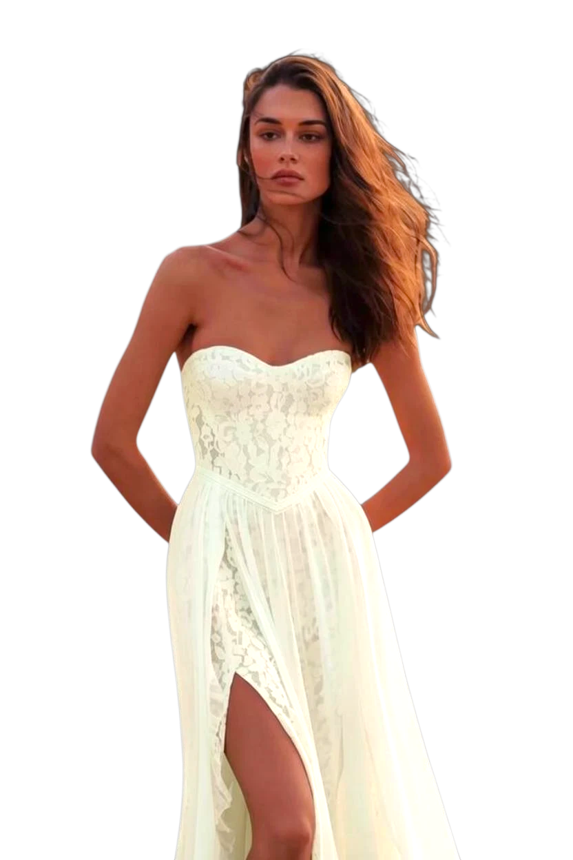 JASE Heart Ethereal Mirage strapless white lace wedding dress with a sweetheart neckline and high leg slit