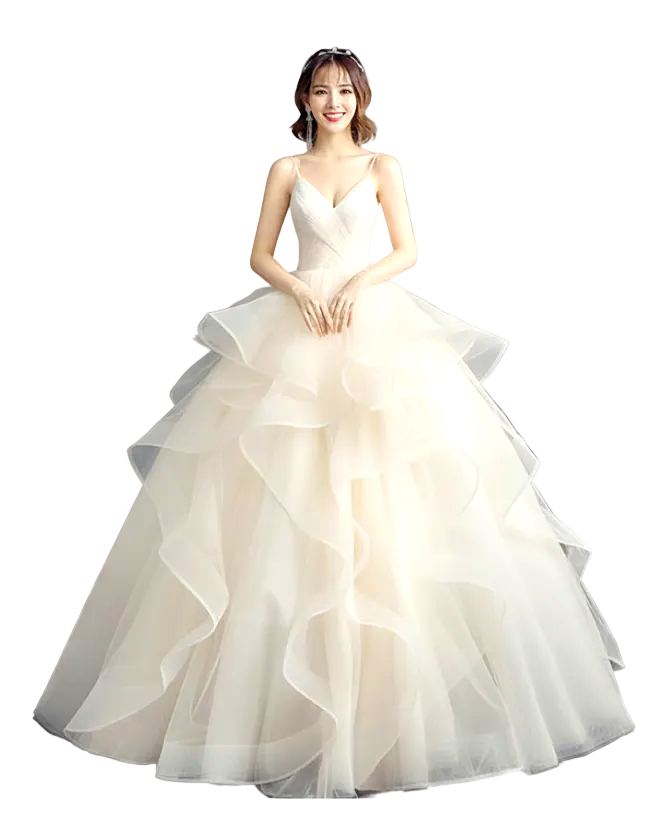 JASE Heart Majestic Cloud ivory ball gown wedding dress with a V-neck bodice and layered tulle ruffled skirt