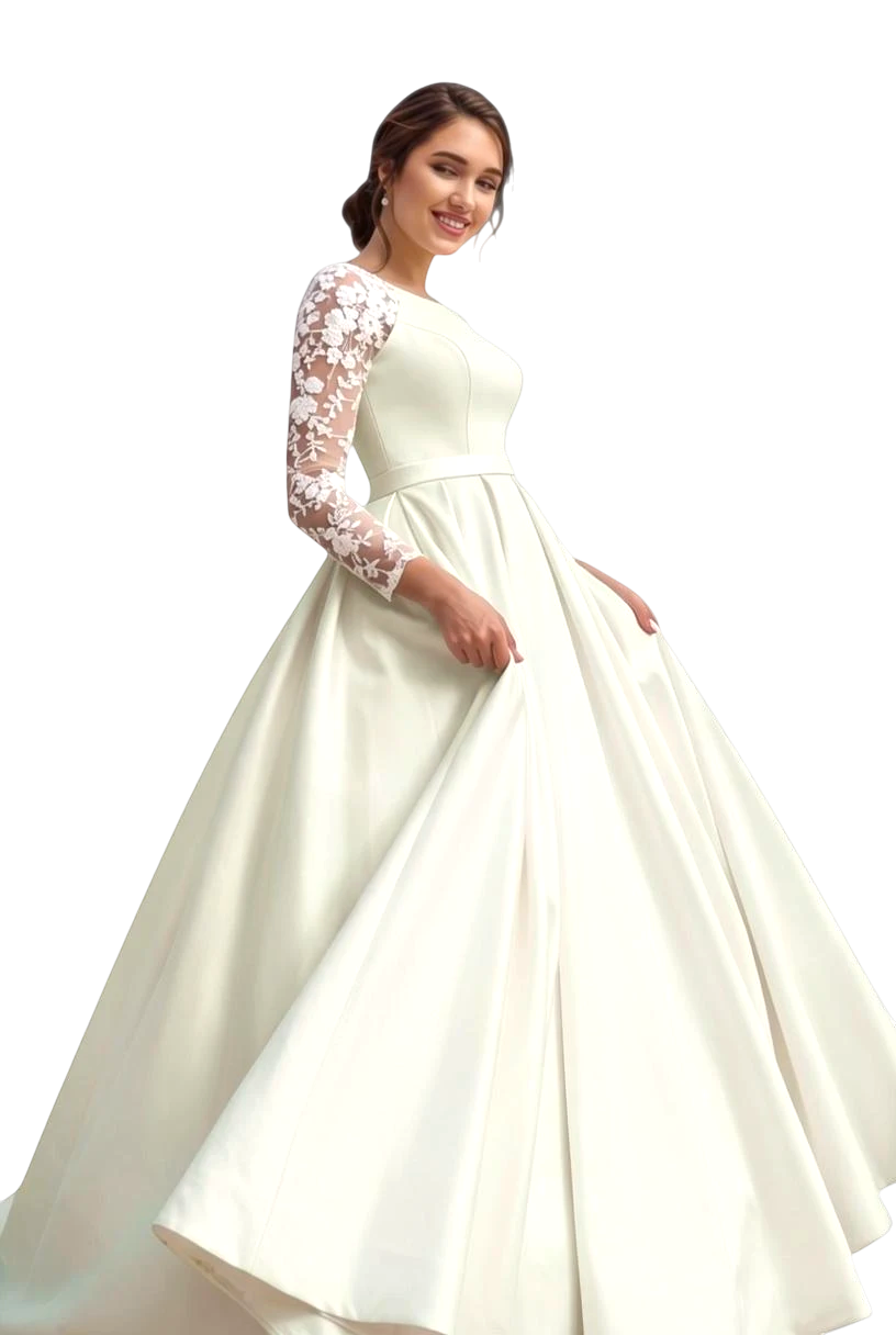 JASE Heart Majestic Illusion white satin wedding dress with long lace sleeves and a full A-line skirt
