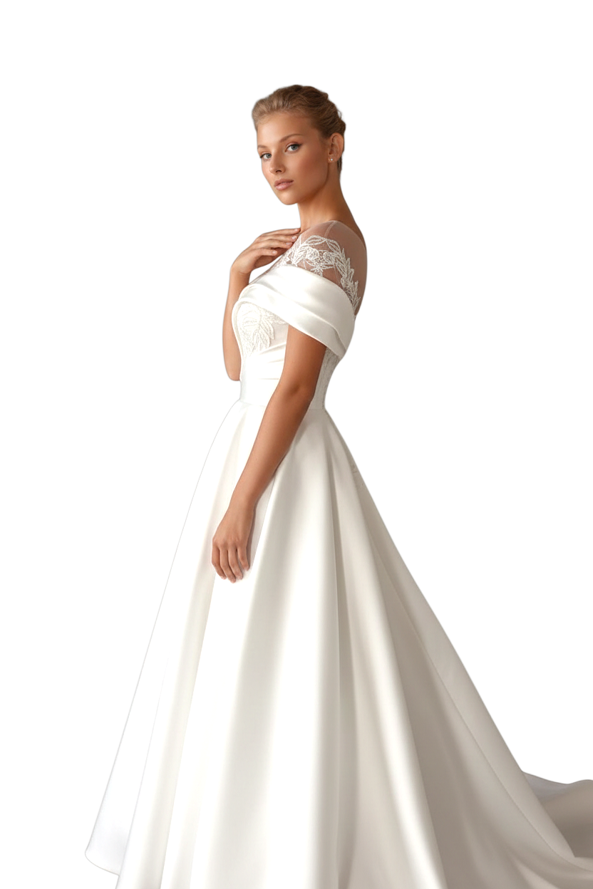 JASE Heart Majestic Mikado wedding dress with off-shoulder neckline, lace bodice, and full satin A-line skirt