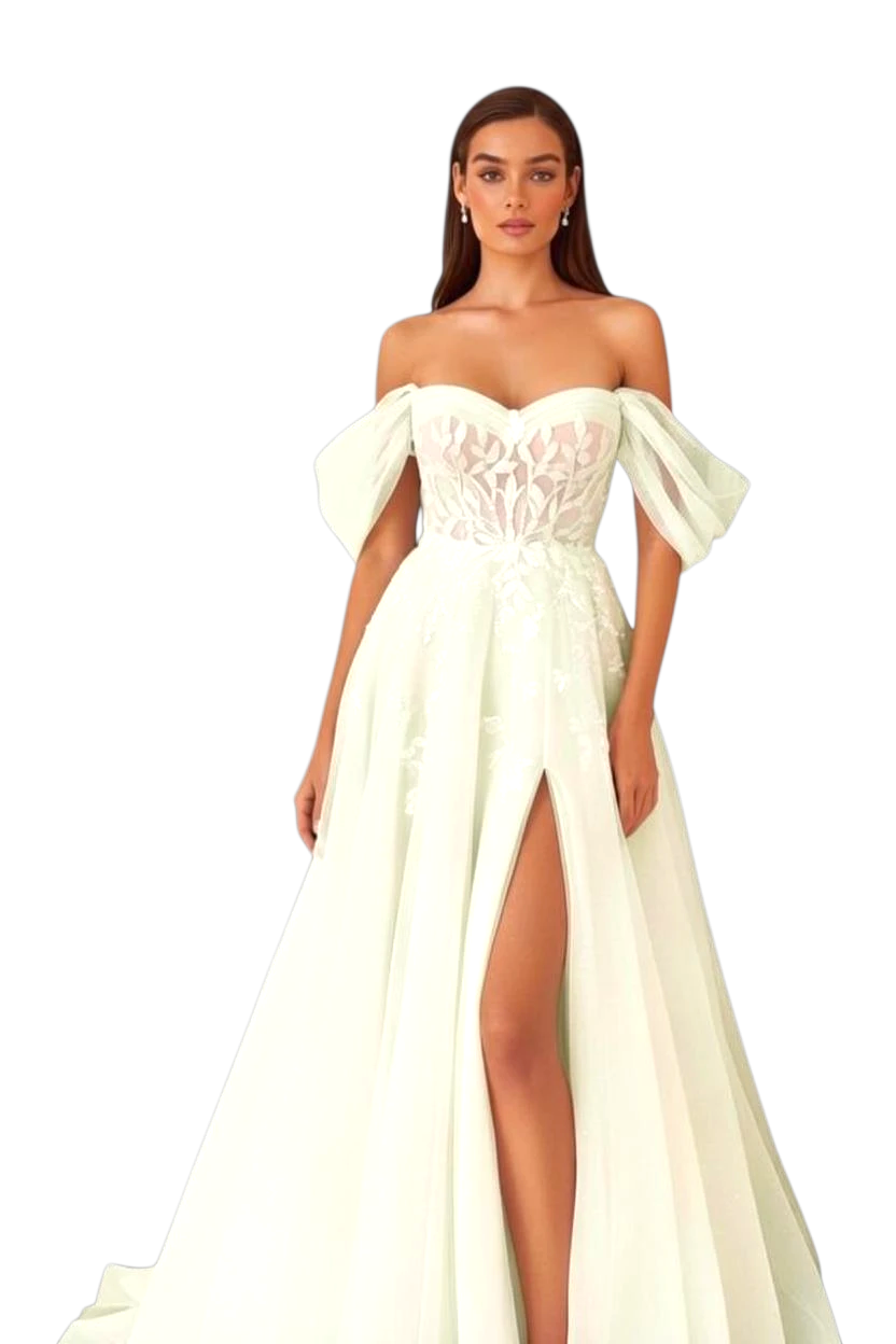 JASE Heart Majestic Romance off-the-shoulder sage green bridal gown with lace bodice and high leg slit