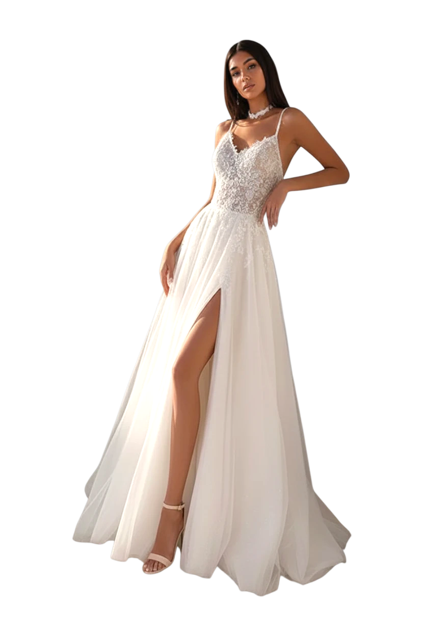 JASE Heart Ethereal Splendor white lace bridal gown with a V-neck bodice, spaghetti straps, and a high leg slit.