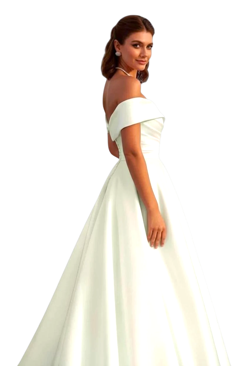 JASE Heart Celestial Slit white satin off-the-shoulder wedding dress with a full A-line skirt