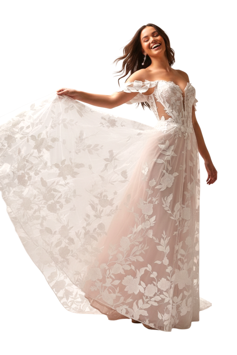 JASE Heart off-the-shoulder wedding dress with floral lace applique and flowing tulle skirt on a smiling model
