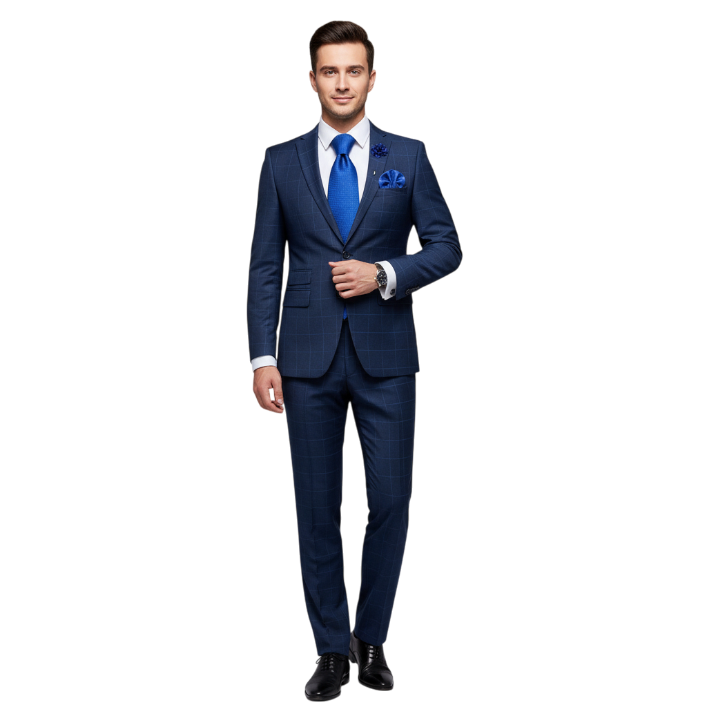 JASE HEART GLOBAL navy blue plaid suit with a bright blue silk tie and matching pocket square worn by a man