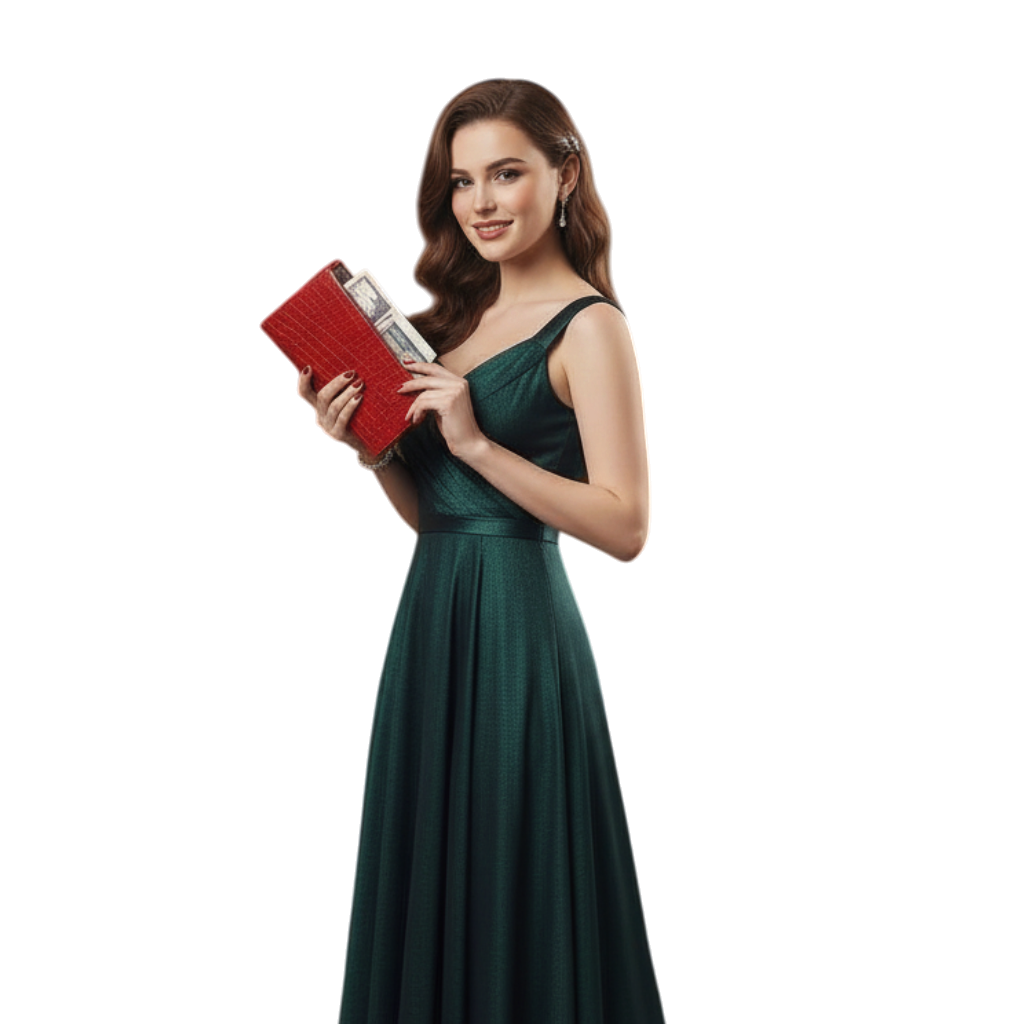 JASE HEART GLOBAL woman in a dark green evening gown holding a red crocodile-textured Executive Envelope clutch bag
