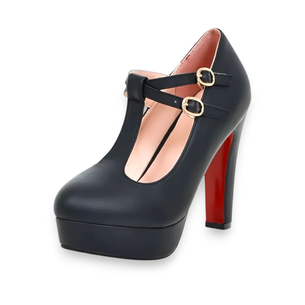 JASE Heart Imperial Lattice black platform T-strap heels with gold buckles and a striking red sole