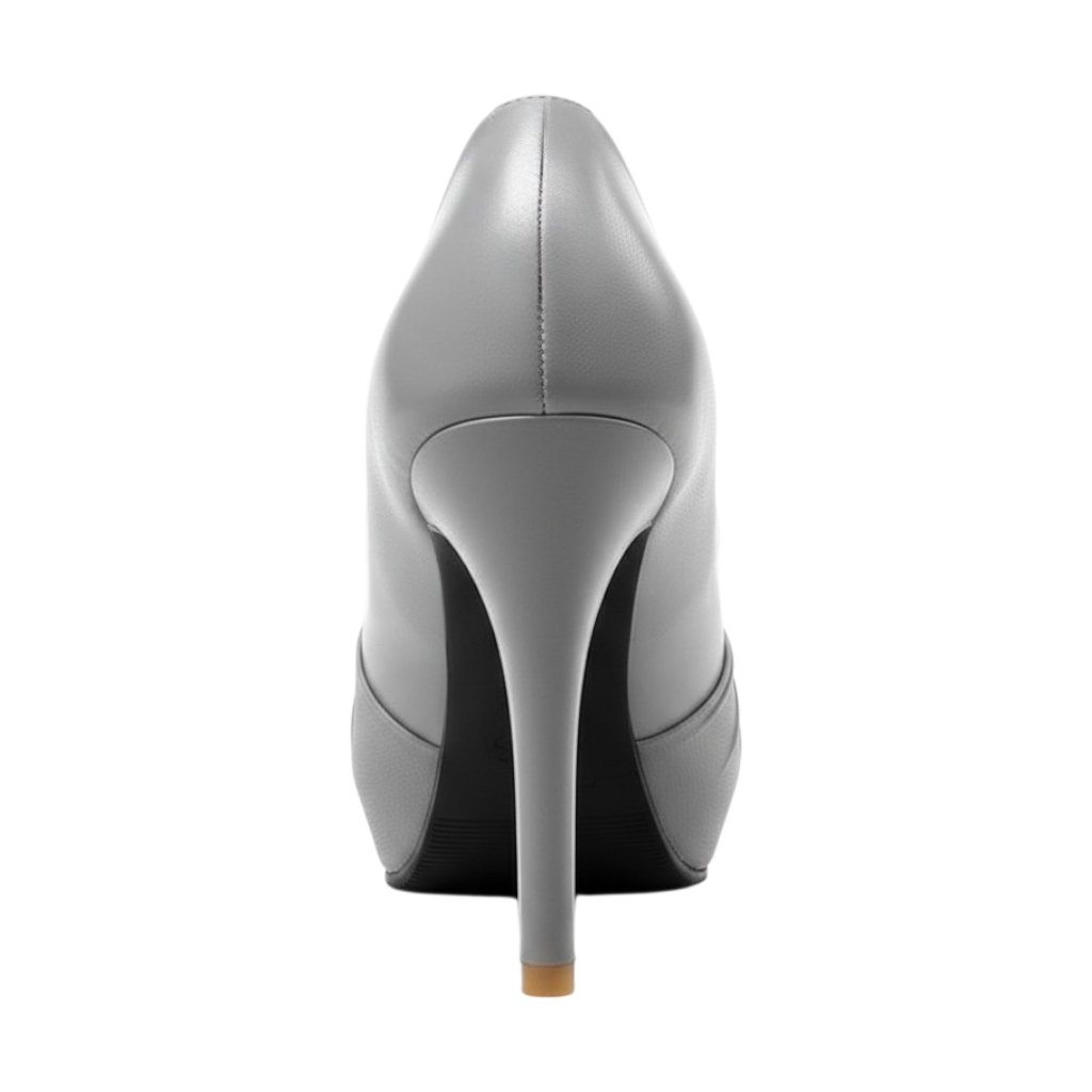 JASE Heart Graceful Knot grey stiletto heel pump viewed from the back showing the sleek leather texture