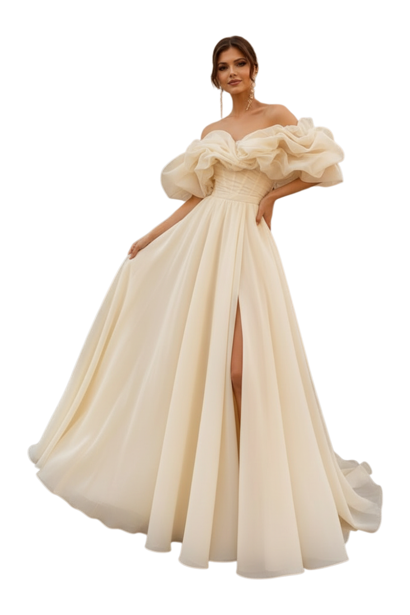 JASE Heart Ethereal Volante off-shoulder champagne gown with voluminous ruffled sleeves and a high leg slit.