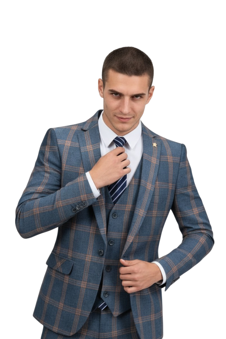 JASE Heart three-piece suit in blue plaid with a white shirt and striped tie, worn by a man adjusting his necktie.
