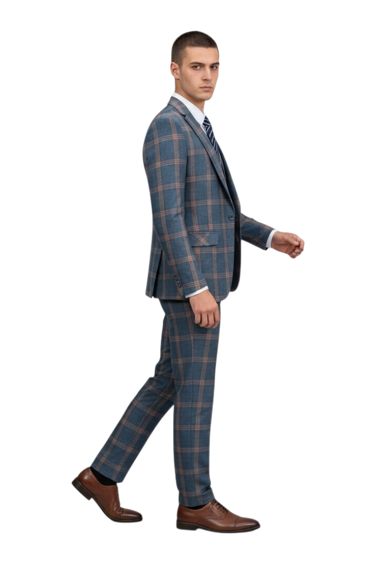 JASE Heart men's blue plaid suit with brown leather dress shoes, worn by a model in a studio setting.