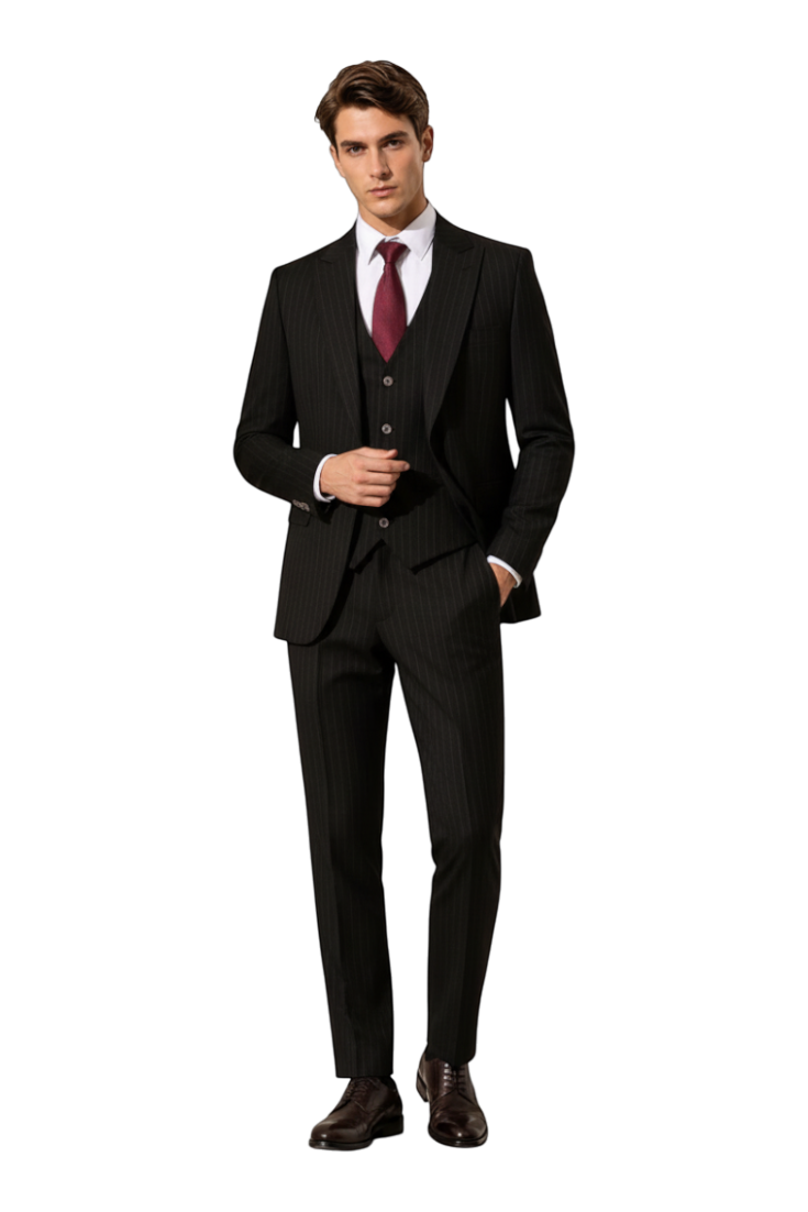 JASE Heart Executive Savile black pinstripe three-piece suit with a white shirt and burgundy tie on a male model.