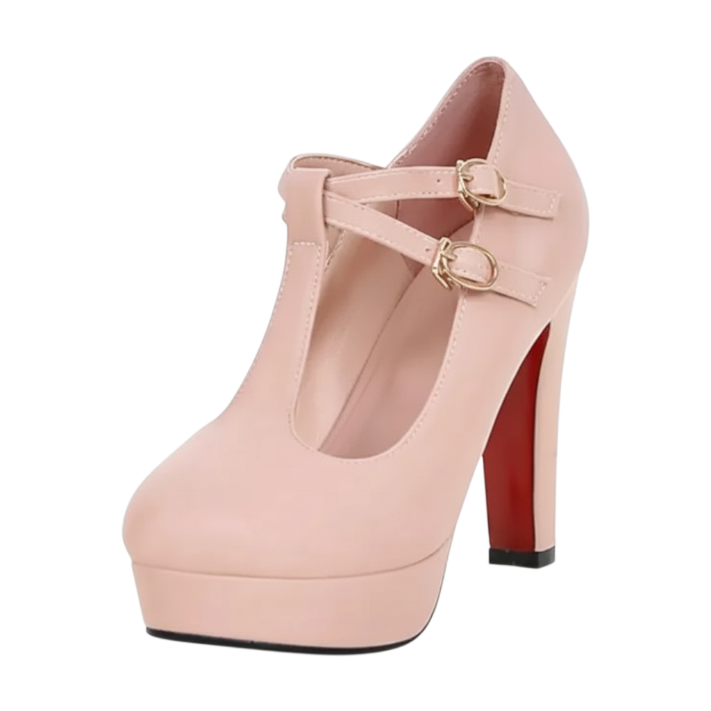 JASE Heart Imperial Lattice pink platform heels with double buckle T-strap and red sole detail