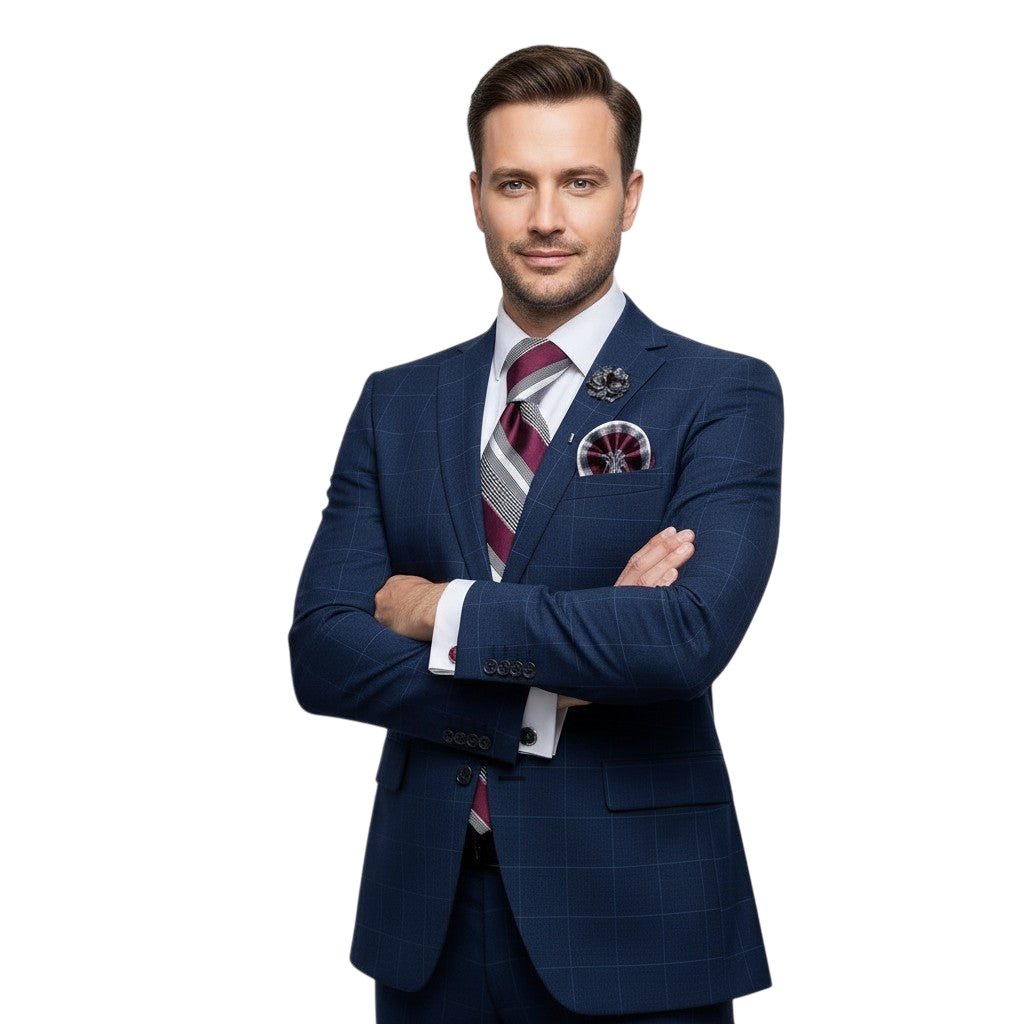 JASE HEART GLOBAL man in a navy blue plaid suit with a striped burgundy tie and matching pocket square