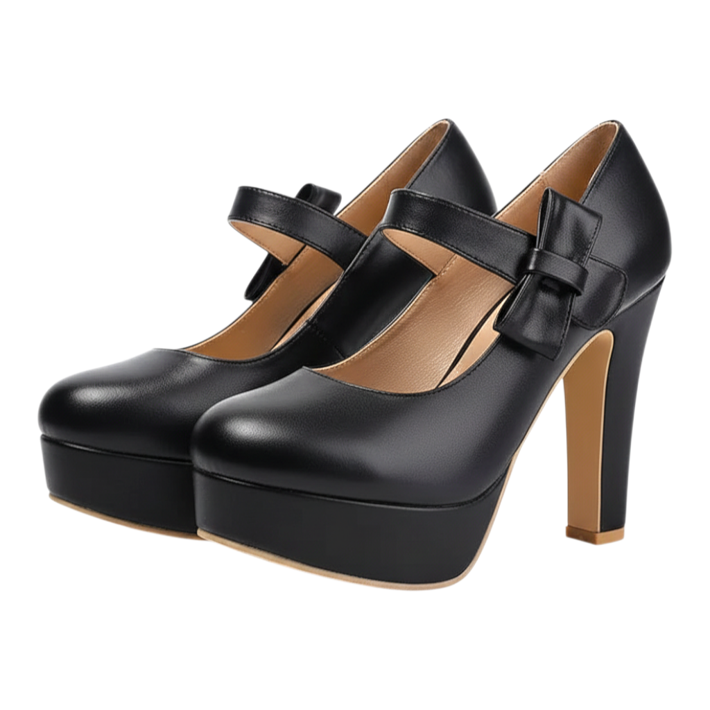 JASE Heart black faux leather platform Mary Jane heels with a bow detail and high block heel