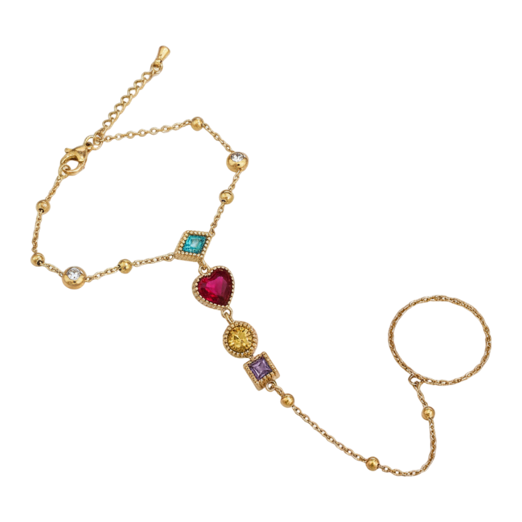 JASE HEART GLOBAL gold chain hand bracelet featuring multi-colored gemstone charms including a red heart crystal