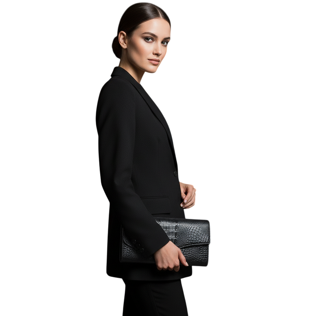 JASE HEART GLOBAL black crocodile embossed leather Executive Envelope clutch held by a woman in a black blazer