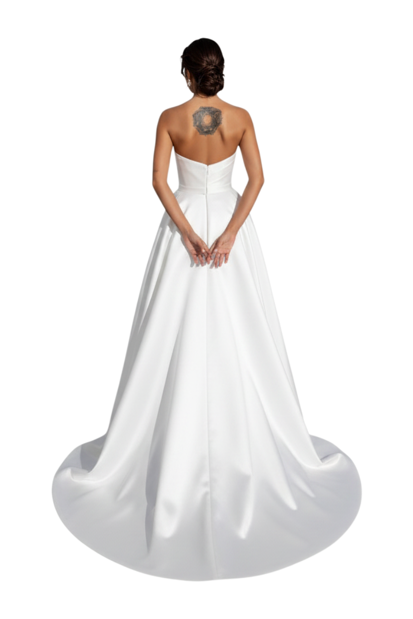 Back view of a JASE Heart strapless white satin wedding dress with a long train and elegant fitted bodice